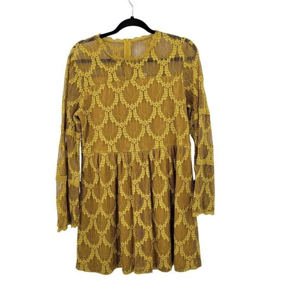 Xhilaration  Mustard Yellow Lace Bell Sleeve Dress L Tea Length Retro 70s Hippie - Picture 1 of 10